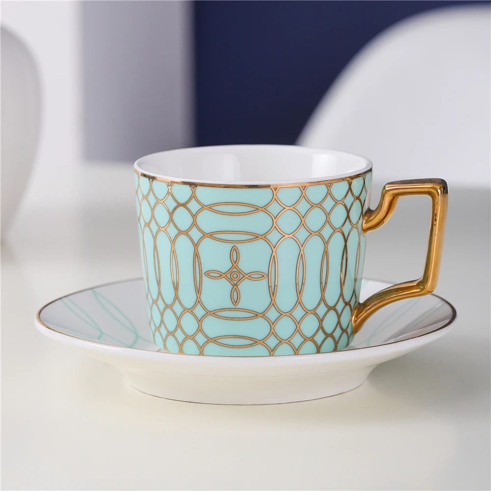 European style elegant decal design ceramic cup saucer wholesale bulk tea set bone China tea cup set with golden rim handle