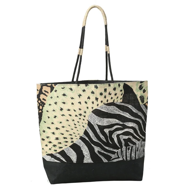 Promotional Bag Long Handle Animal Printed Jute with Fancy Pew Leather with rope designee handle made in West Bengal in India