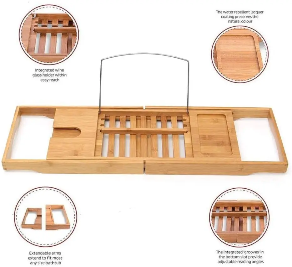 Expandable Bamboo Bathtub Caddy Adjustable Wooden Serving Tray and Organizer for Any Size Bath Tub