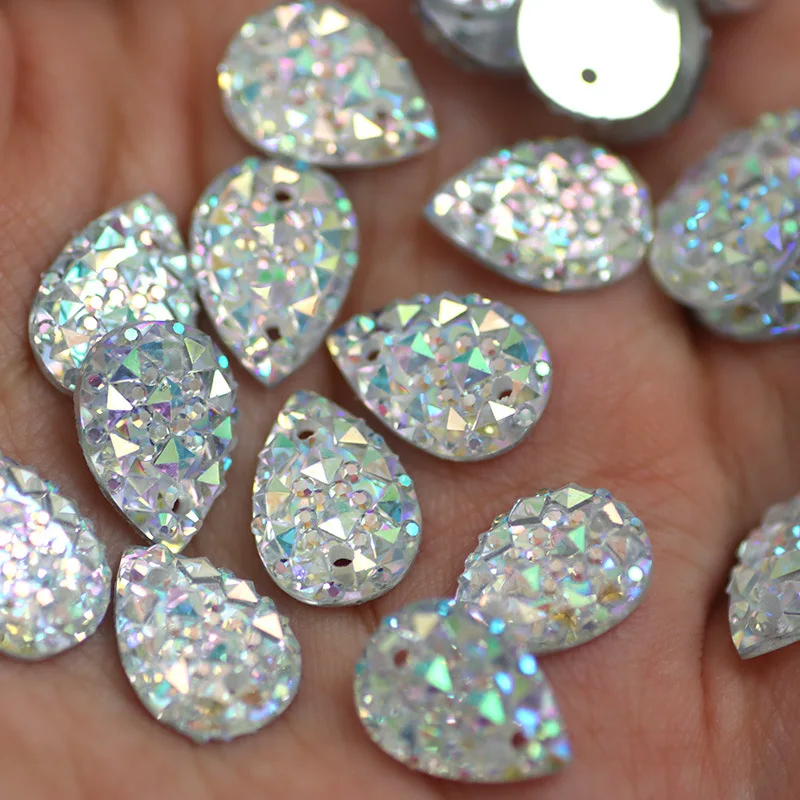 100PCS Crystal AB Resin with Hole Horse Eye Stone Rhinestone Hand-Sew on Diamond Rhinestones Clothes Shoes Bags DIY Decorative