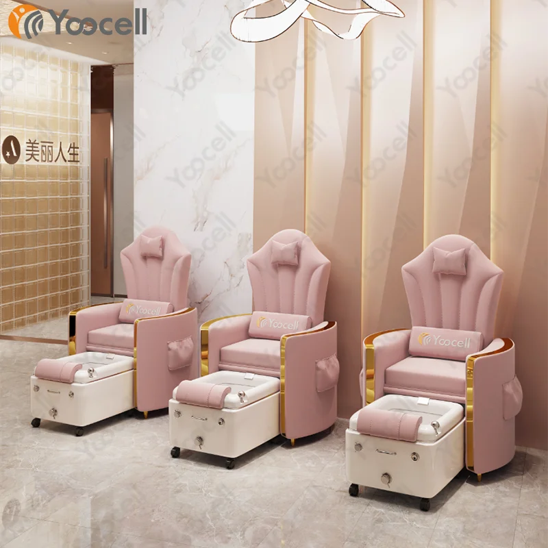Кресло Yoocell розового цвета для педикюра и педикюра, современный стул для спа с раковиной и светодиодными лампами, волнистый стул для ногтей