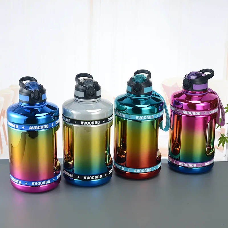 New Arrival Dazzling 2200ml  Large Capacity Double Wall Gym Sports Plastic Water Bottle With Straw And Handle