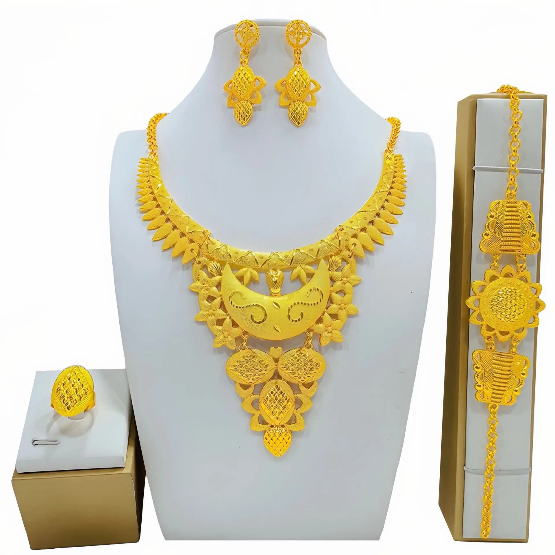 Ready To Ship African Nigeria Hollow Flower Necklace Bracelet Jewelry Set  Gold Plated Wedding Rings For Indian Bride