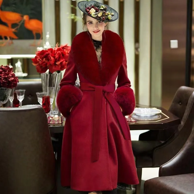 Зимние женские пальто большого размера 2023 Женское шерстяное с воротником из искусственного меха и манжетами кашемировое меховое поясом