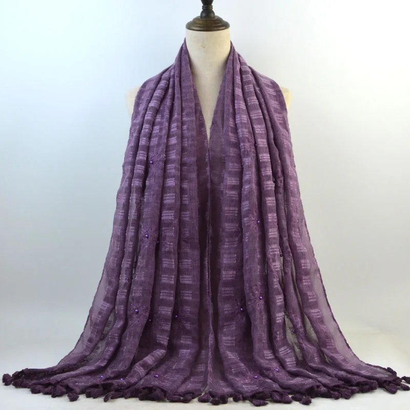 
New tie-dyed cotton and linen scarf Monochrome beaded embroidered fringed headband Sun protection travel vacation shawl 