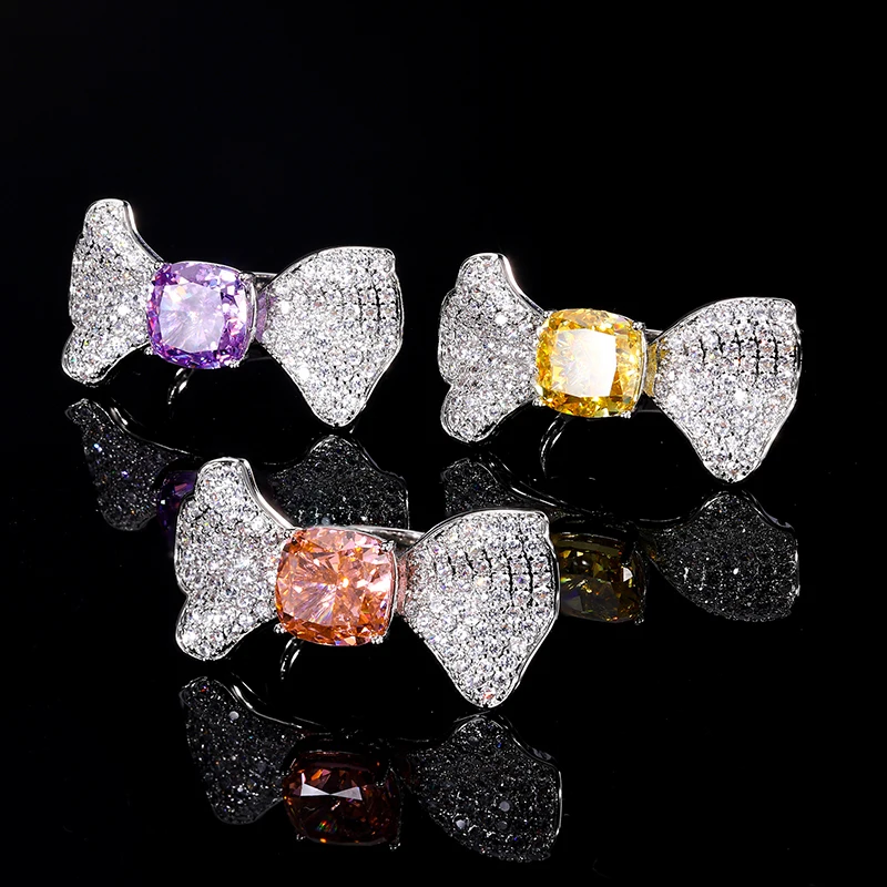 EYIKA Hip Hop Cute Bowknot zircon For Women Gift Finger Brazil New Coming Padparadscha Square Stone Rings