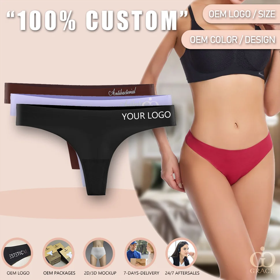 Custom Logo Seamless Panties Low Rise Ice Silk Traceless No Show Sexy Underwear Bonded Thongs Tangas Women Seamless Panties