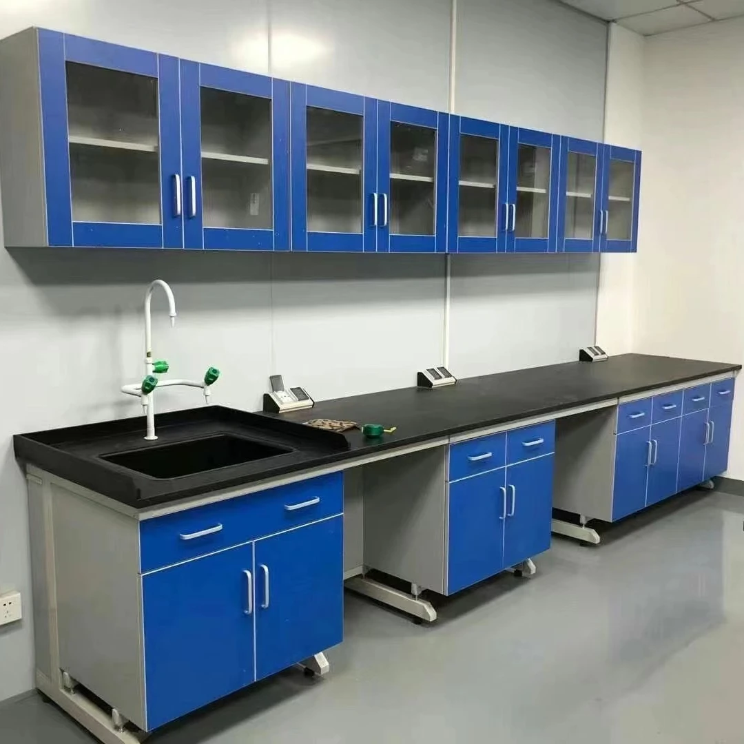 Modular laboratory furniture  Steel & Wood structure center table lab desk workbench side cabinet with hanging cabinet