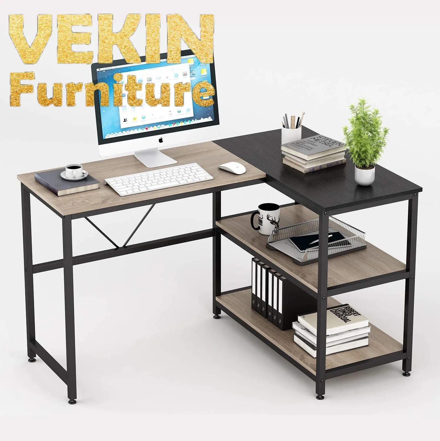 L Shaped Computer Desk with Shelves, Lightweight Sturdy Study Writing 2 Tier Shelves office desk