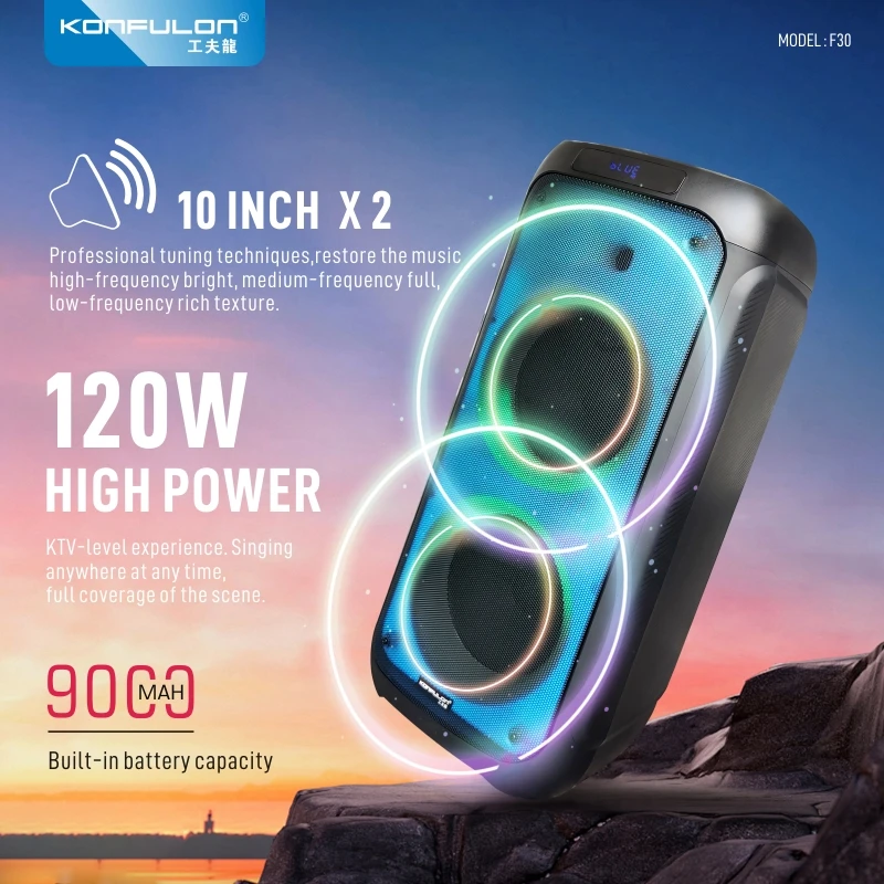 Konfulon New product Strong Bass Outdoor 120w Bluetooth Speaker Loud Stereo Sound Karaoke Bluetooth Speaker With Microphone