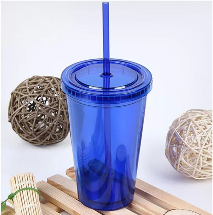 Wholesale New Double Plastic Straw Cup  PVC Pattern Coffee Cup With Cover Cup
