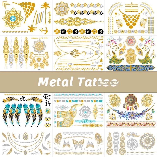 Factory Custom Metallic Gold  Silver Henna Temporary Tattoos Foil Henna Tattoo Stickers
