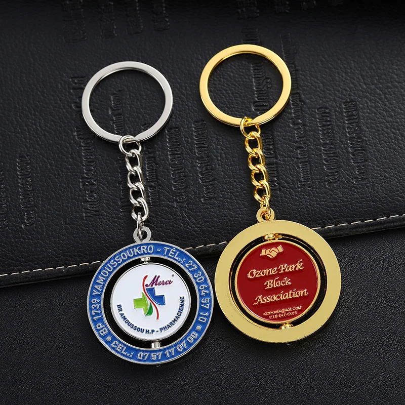 Manufacturers Souvenir Custom Rotating Metal Double-Sided Soft Enamel Keychain Charms Rotate 360 Gold Silver Key Chains
