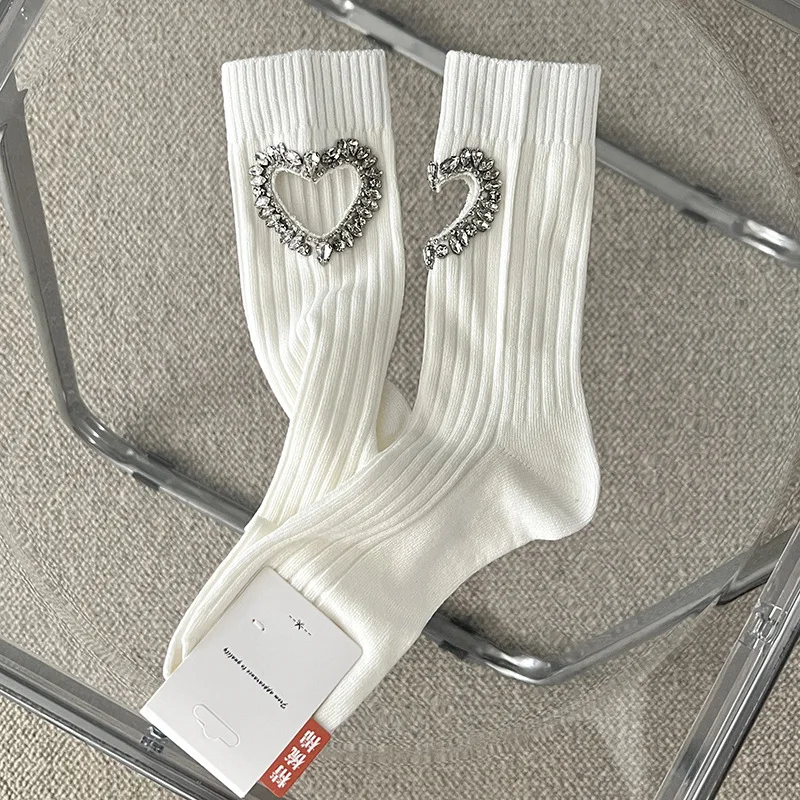 Luxury Glitter Diamond Hollow Heart Socks Women Harajuku Shiny Stockings Autumn Winter Loose Socks Female Mid-tube Cotton Socks