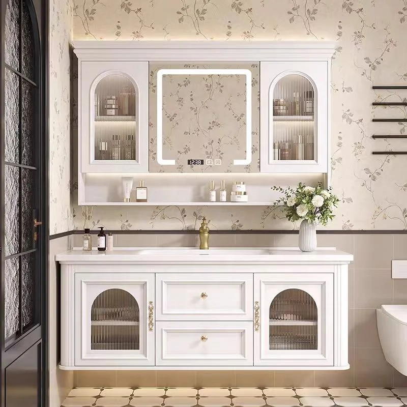 American Vintage Style Wall Mount Floating Luxury Hotel Bathroom Cabinet Vanities Set With Drawers And Mirror