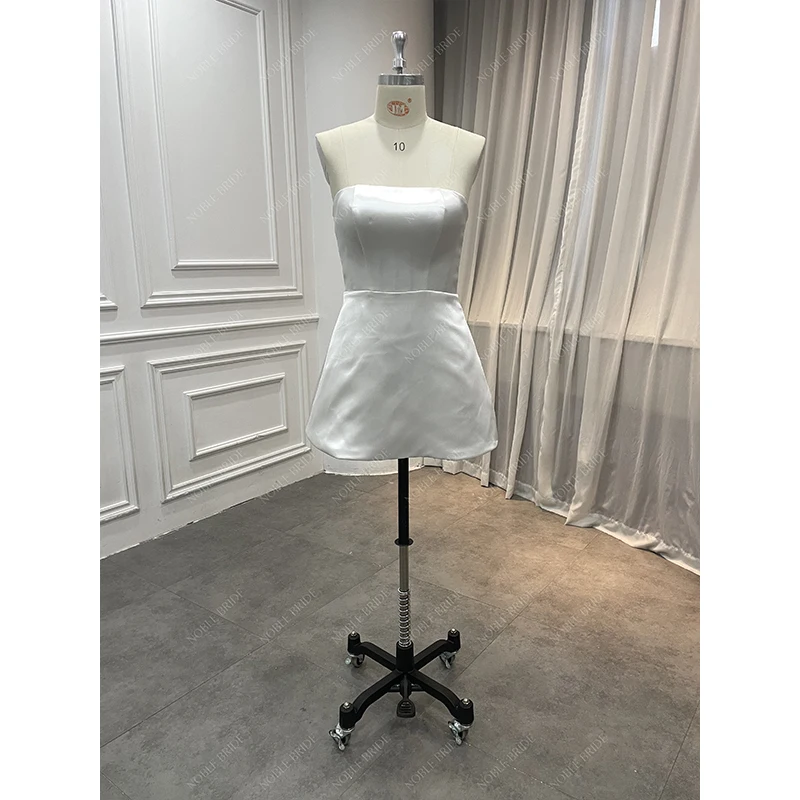 Minimalist Bridal Cheap Big Blue Bow Wedding Reception Short Gown Women Princess Mini Satin Wedding Dresses with Puffy Sleeves