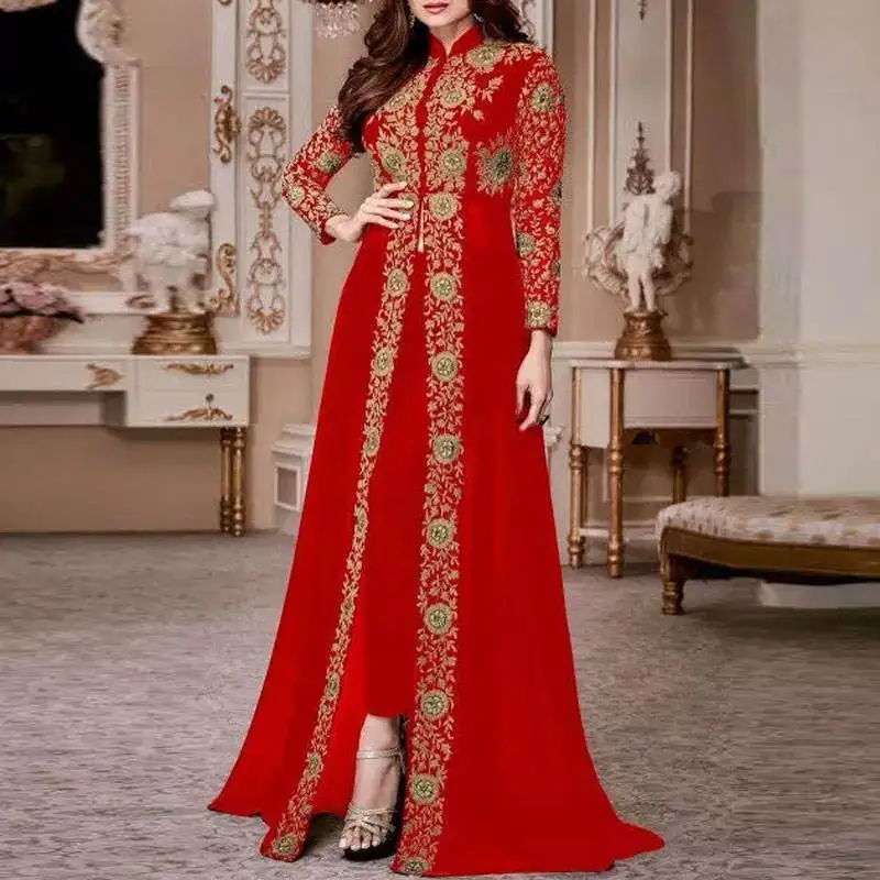The New abaya dubai monsoon Arabic Evening Dress skirt printing Long Sleeve Moroccan Kaftan Gown Muslim Prom jalabiya for women