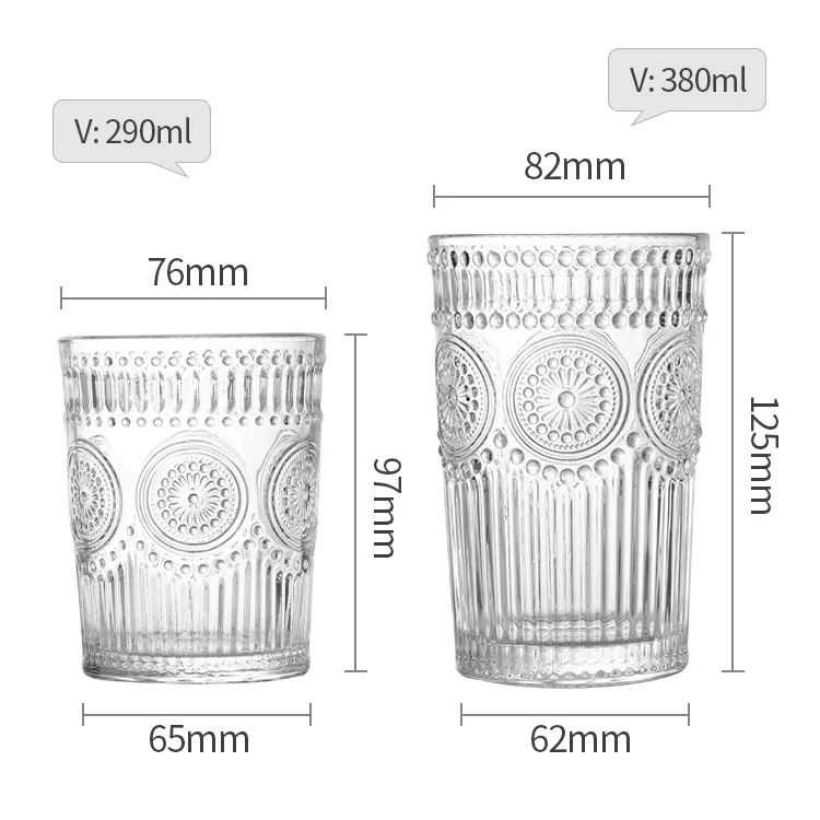 6 Pack 12oz Romantic Water Premium Drinking Glasses Tumblers Embossed Vintage Glassware Set for Juice Beverages Beer Cocktail