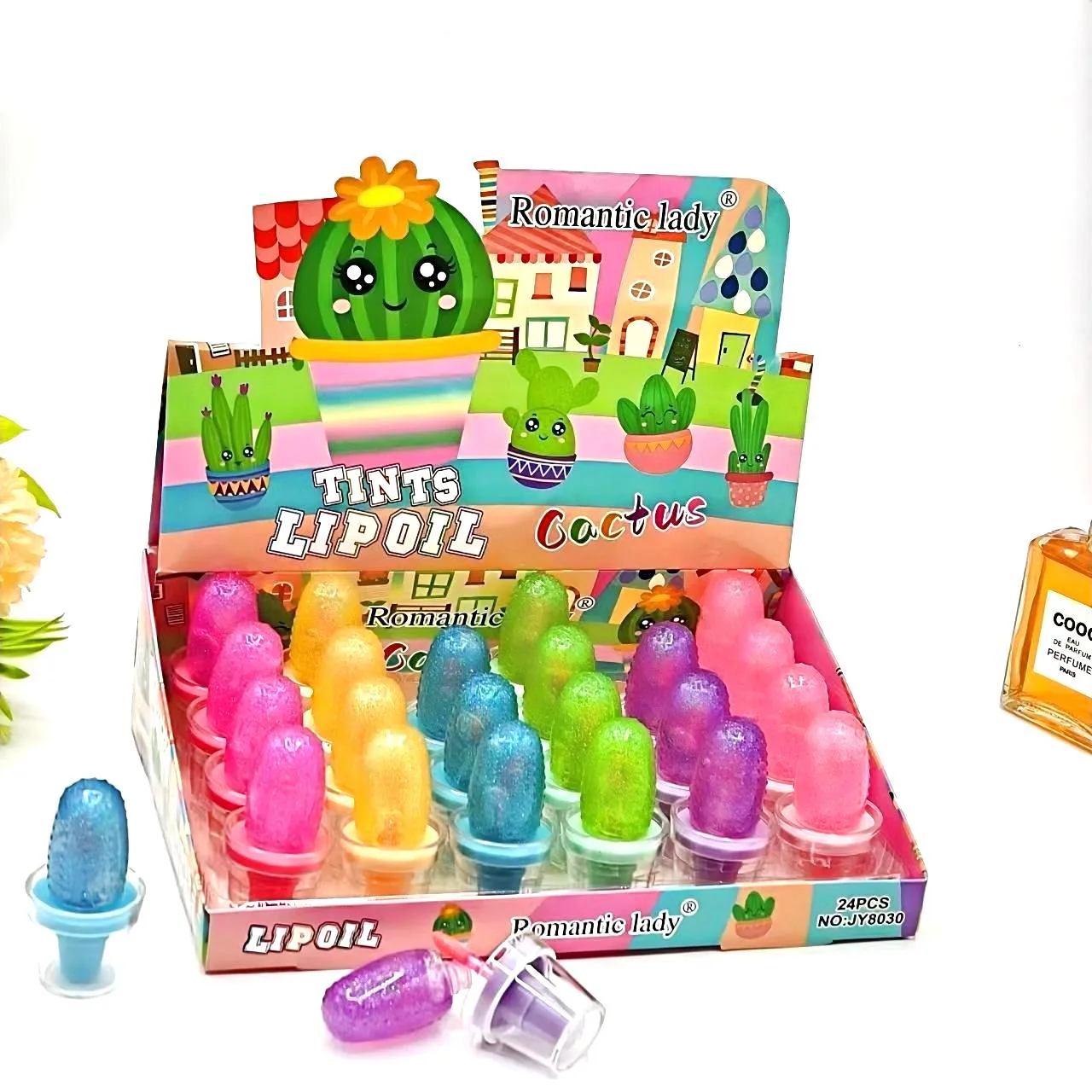 Cute Cactus 6 Color Fine Flash Color Changing Lip Glaze Mirror Pearlescent Non-stick Cup Lip Gloss Lipstick