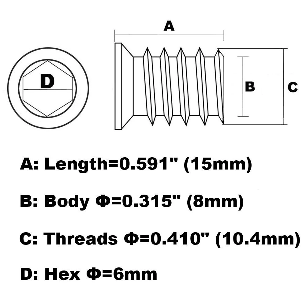 Yellow Zinc Plated Hex Socket 3mm Stainless Steel Ss304 Wooden Furniture Wood Threaded Insert Nut M10 For Wood