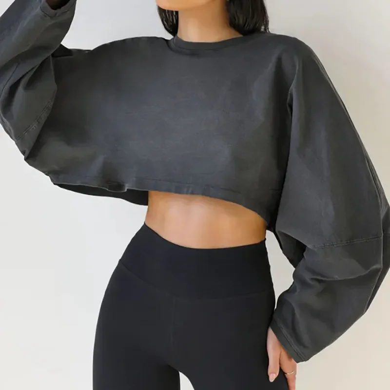 Lady Long Sleeve Fitness Crop Top T Shirt Pullover Cotton Acid Wash Workout Sweatshirt For Women