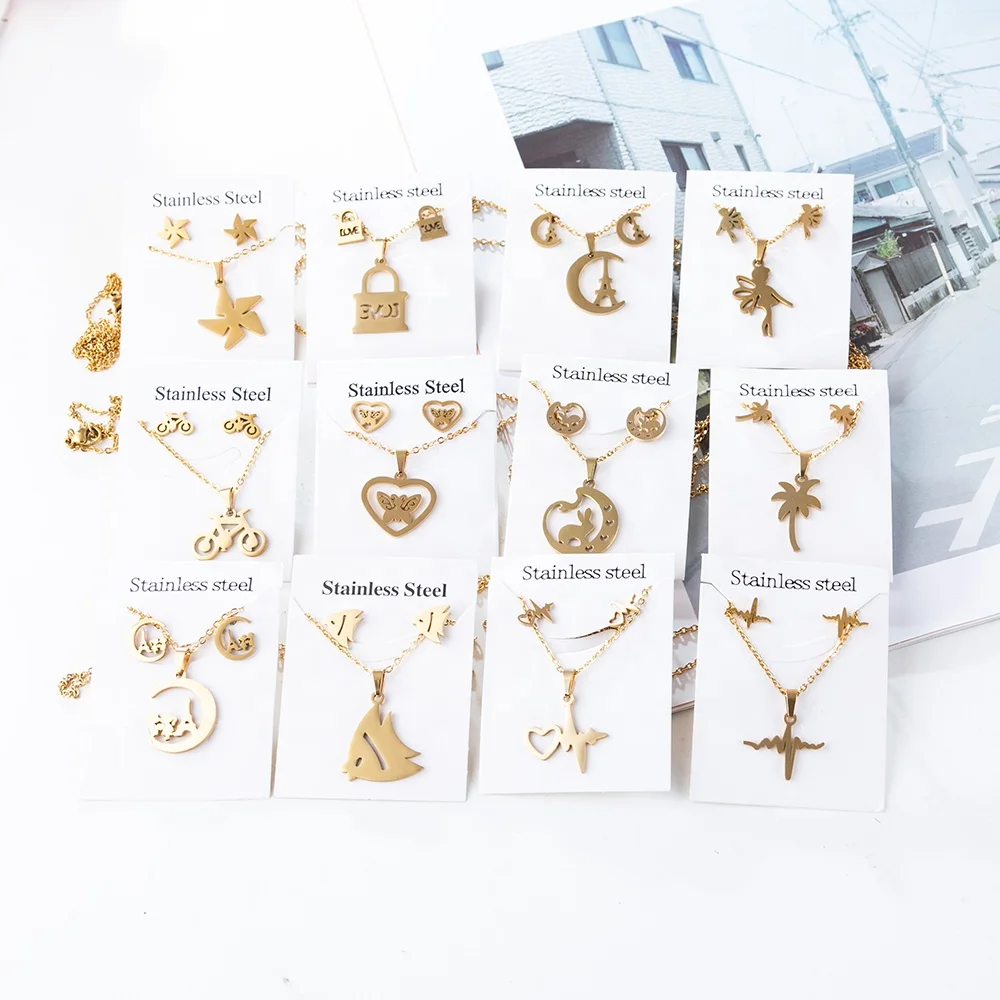  New Gold Plated Butterfly Heart Necklace Earrings for Women Girl Various Styles Stainless Steel ecg windmill Jewelry Set