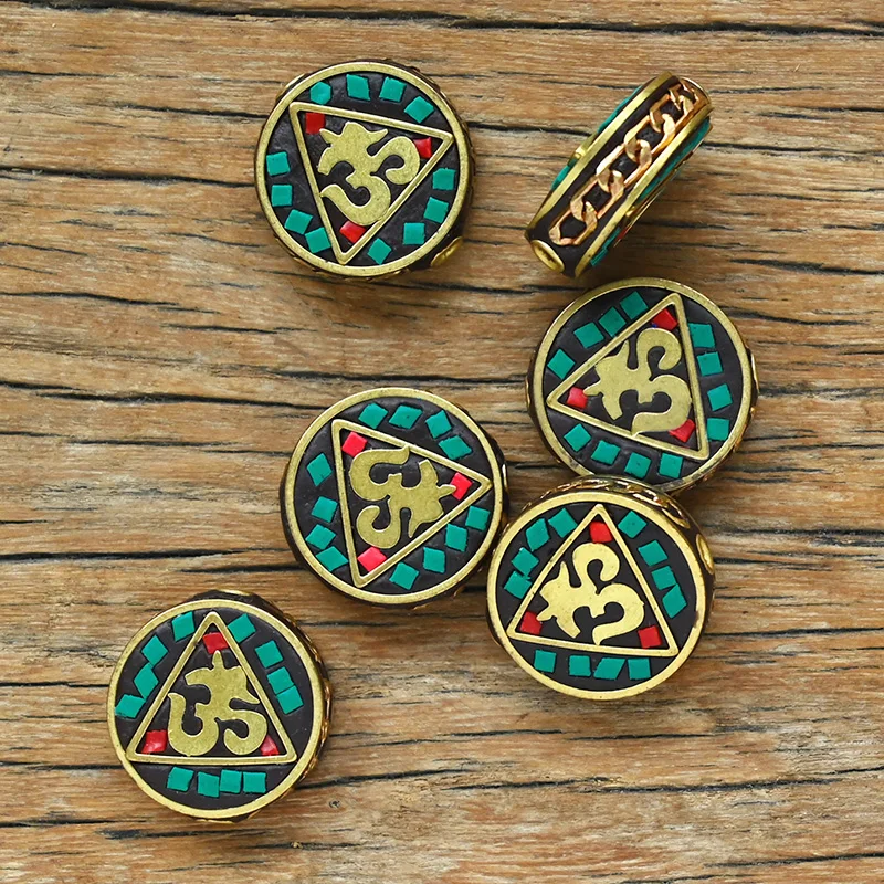 TZ-H 10PCS Handmade Nepalese Buddhist Tibetan Brass Metal & Clay Loose Craft Beads for Necklace Jewelry Making DIY Flat Round