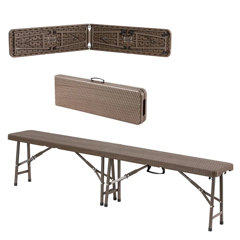 183cm Rattan Folding Bench, 6ft Portable Wicker Bench, Outdoor Plastic Rattan Furniture