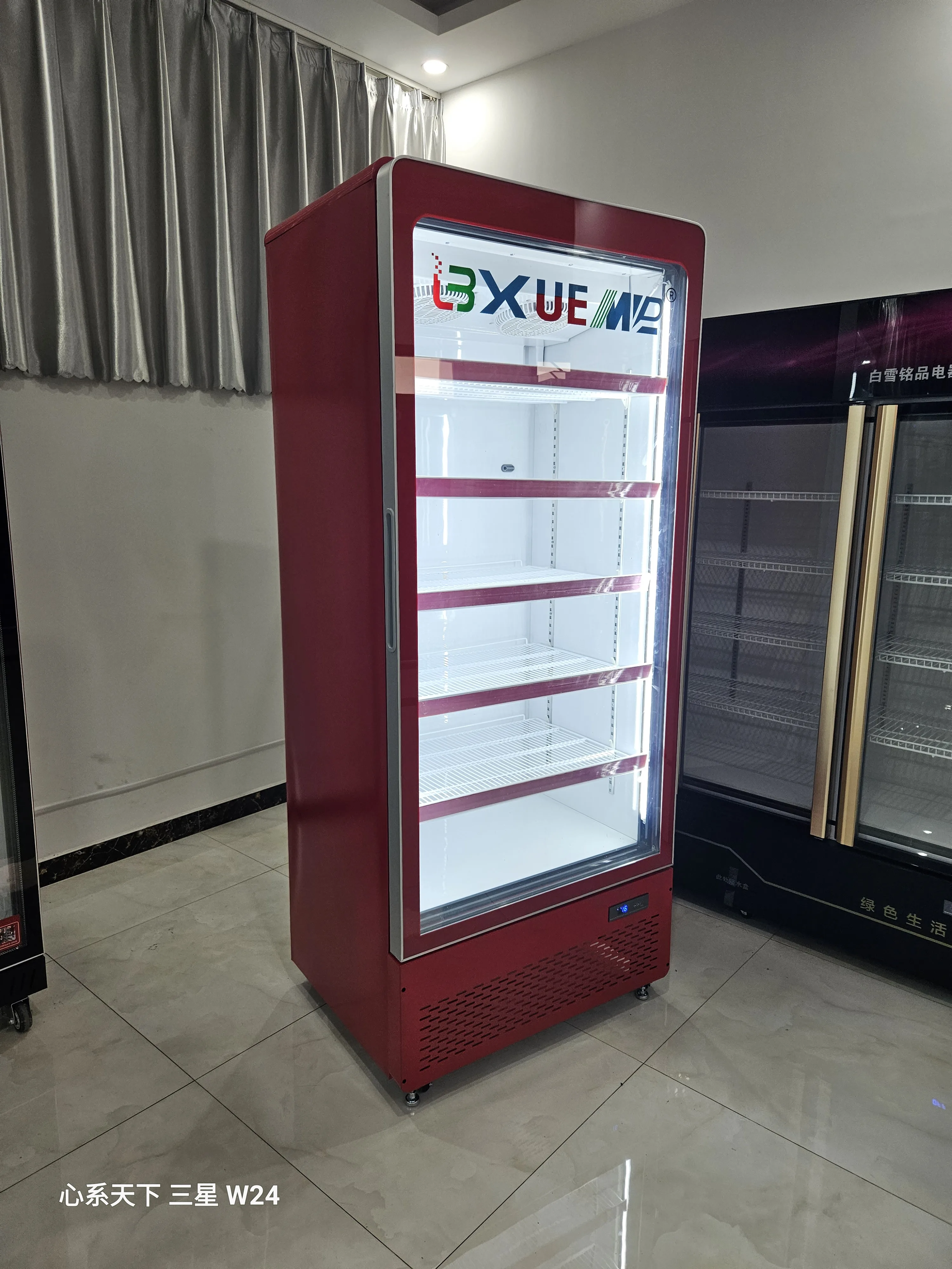 Large Capacity Red Color Hollow Glass Luxury Cold Drink Showcase Vertical Fridge Cooler With 5 Layer Shelves
