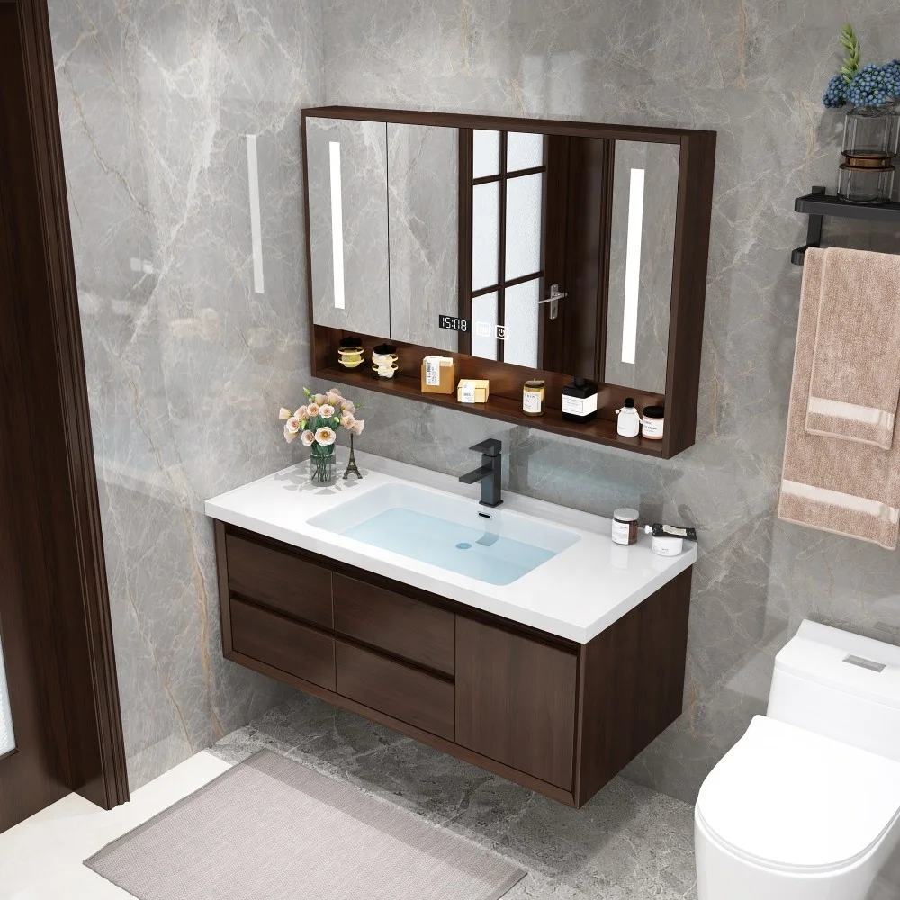 Bathroom Furniture  Washbasins Sets Walnut Wall Mounted Lavatory Bathroom Vanity Cabinets With Sink