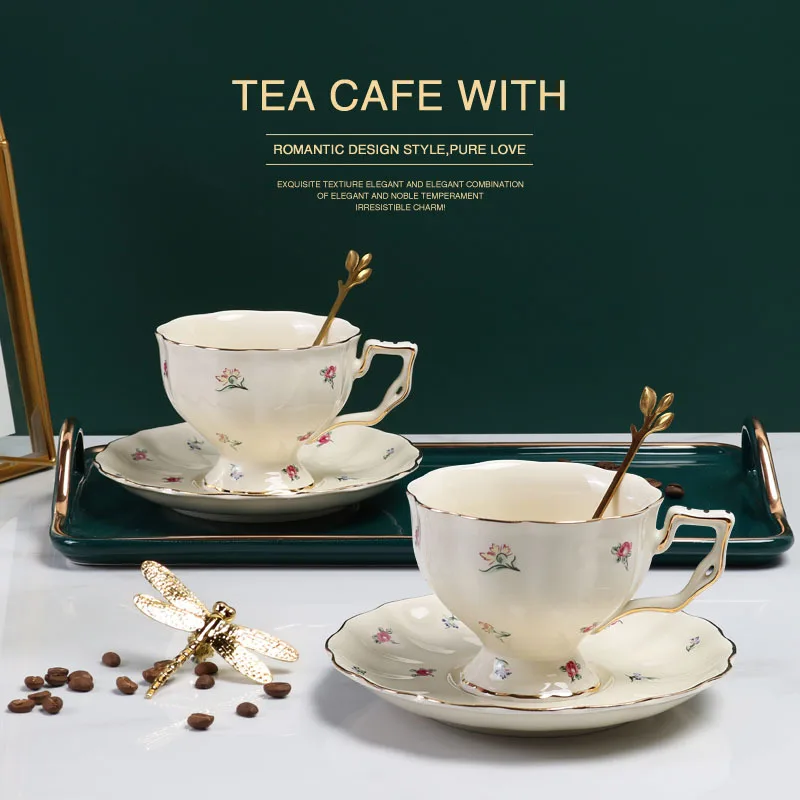 Best Selling Ceramic Natural Style Insect Pattern Pastoral Style Coffee Tea Cup and Saucer Set