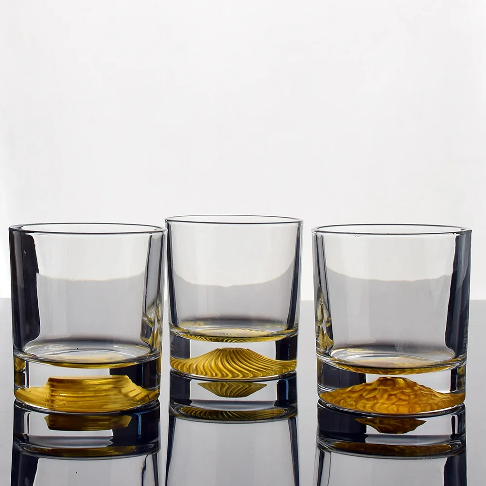 Thick Bottom Round Whiskey Glass Cup For Drinking Decal Etched Logo mountain whiskey glass