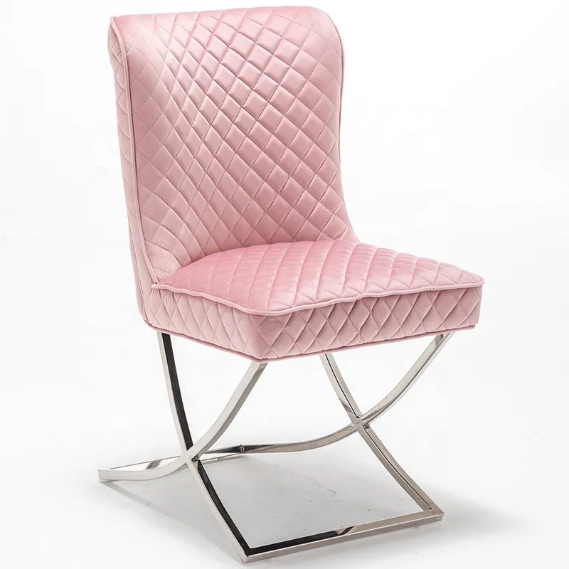 Розовый обеденный стул из бархатной ткани с металлическими ножками из нержавеющей стали