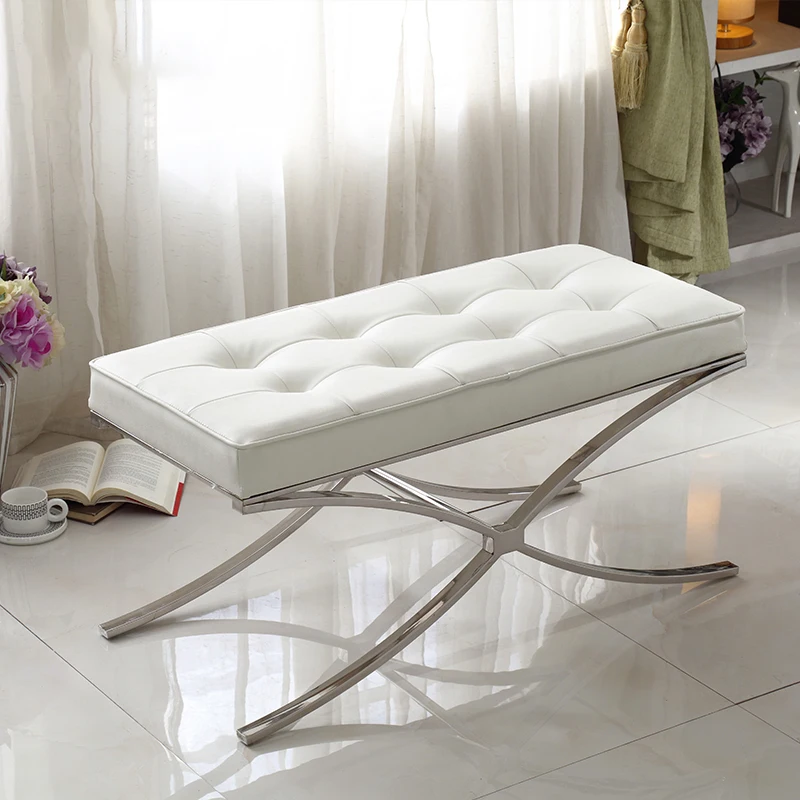 Home Furniture antique bed end white cow leather bench stool  square bed end ottoman white upholstered bench