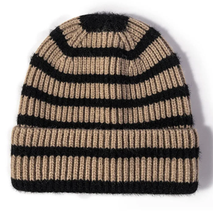 Custom Winter Skull Cap Stripe Beanie for Women Stripe Beanie Slouchy Knitted Winter Ski Hat Unisex Cuff Ski Beanie