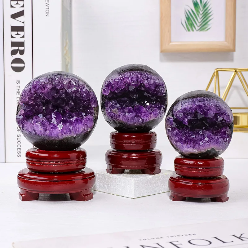 Natural Amethyst Open Smile Ball Druzy Amethyst Laughing Geode Sphere Semiprecious Stone Crafts For Fengshui