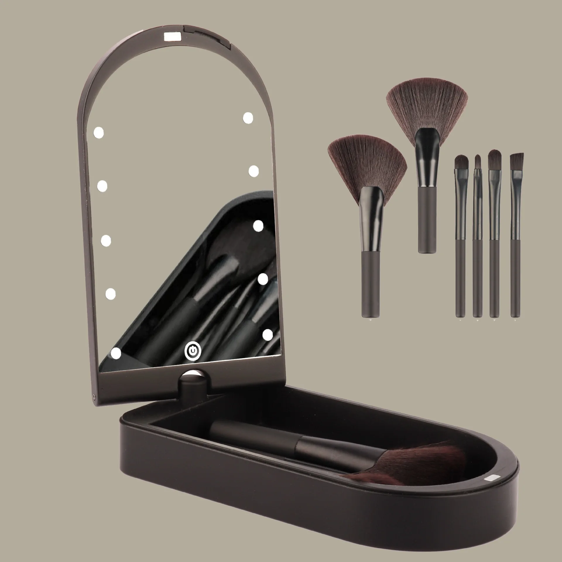 2024 Latest Design Travel Makeup Brush Set 6pcs Foundation Powder Concealer Eye Shadows Makeup Set with LED light Mirror