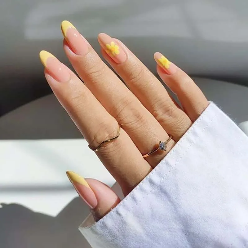 Metallic rose gold fashion almond mix color acrylic press on nails packaging vendor pressure glue full cover reusable fake nails