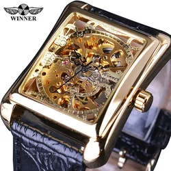 OEM/ODM Winner Watch Retro Casual Series Rectangle Dial Design Golden Pattern Hollow Skeleton Men Top Brand Luxury Mechanical