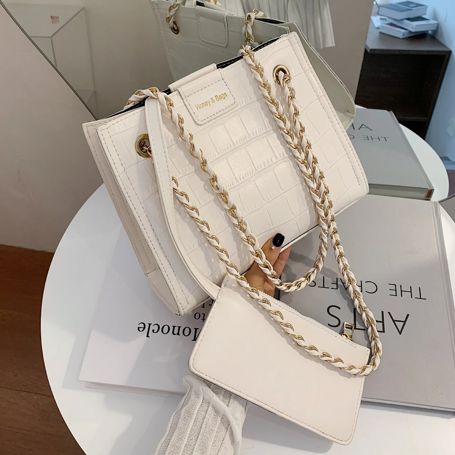 Женская сумка-мессенджер в Корейском стиле, модная вместительная сумочка-тоут на цепочке, комплект 2 в 1