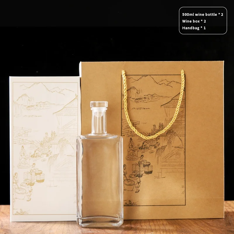Factory Direct Wine Bottle 100ml 200ml 500ml Square Empty Glass Vodka Bottle with Luxury Gift Box