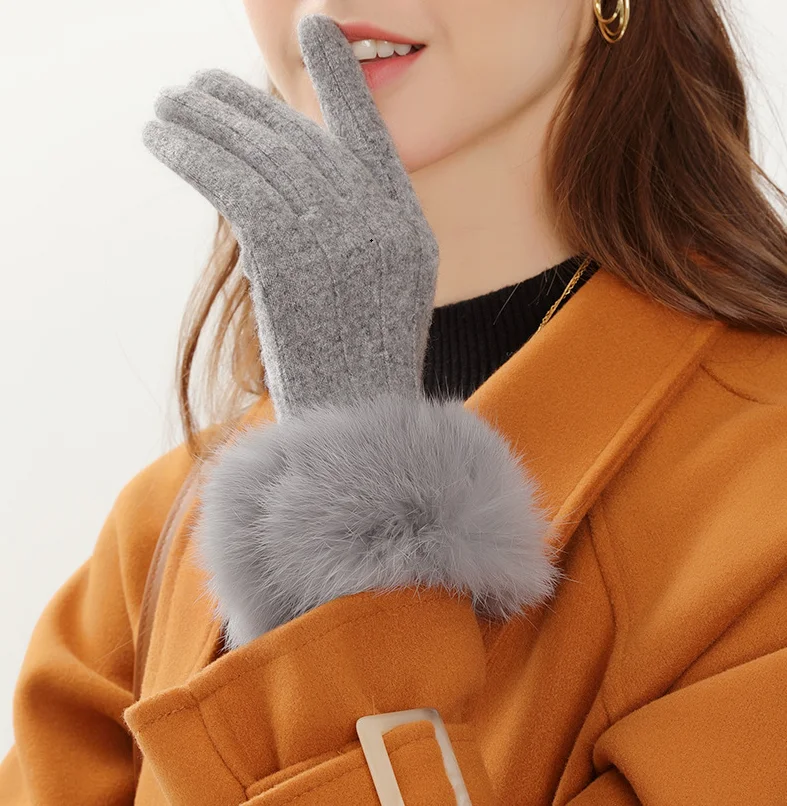 AGRADECIDO Custom Logo Winter Gloves Luxurious Women  Fur Wool Gloves