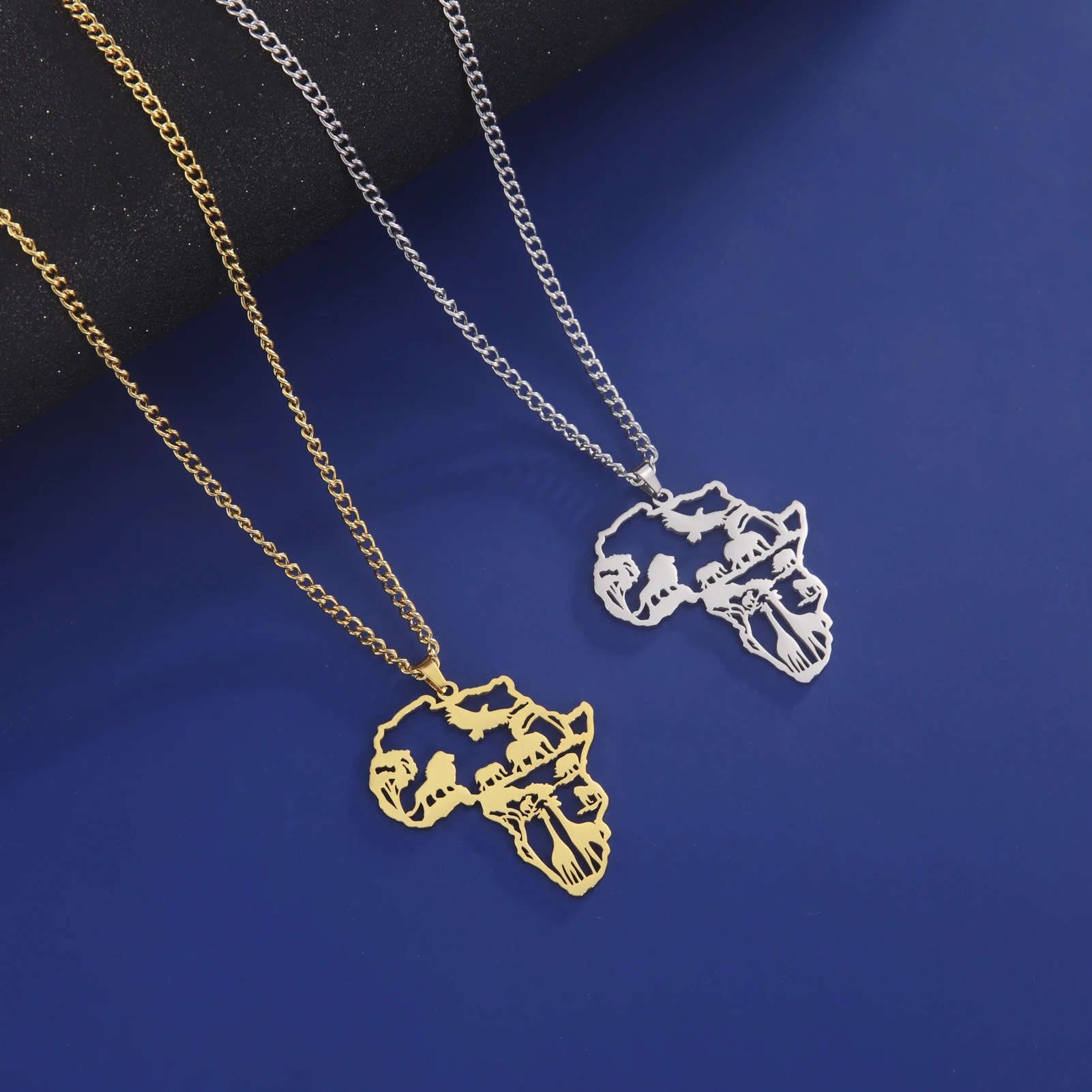 Africa Map Animal Giraffe Lion Elephant Pendant Stainless Steel Necklace Fashion Jewelry Necklaces For Woman Men