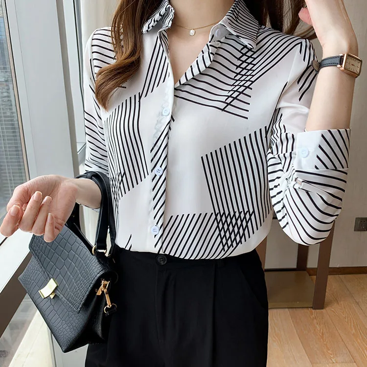 Korea Women Top Fashionable Stripe Print Long Sleeve Satin Blouse&Shirts Ladies