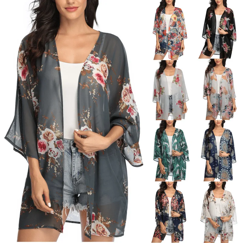 Women Plus Size Floral Chiffon Silk Cardigan Beachwear Coverup Kimono Stain Cardigan Ladies