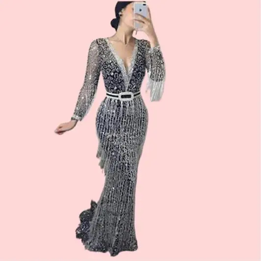 Wholesale Elegant Ladies Evening Dresses Luxury Formal Gown with Tassel Embellishment Long Sleeve & Zipper Closure Party Girls