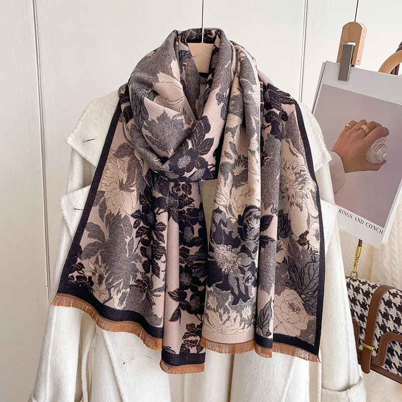 Autumn Winter LadiesThick Warm Pashmina Scarves Shawls Elegant Flower Imitation Cashmere Tassels Scarf