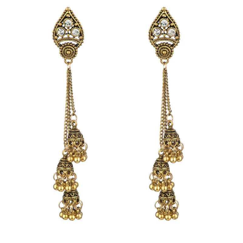 Vintage Boho Earrings For Women 2021 Trend Ethnic Style Retro Alloy Rhinestone Bells Tassel Jhumka Earrings Indian Jewelry