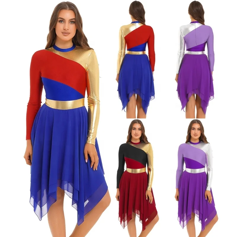 Beautiful Womens Color Block Patchwork Long Sleeve Irregular Hem Dresses Dancewear Leotard Dress for Lyrical Dance Performance