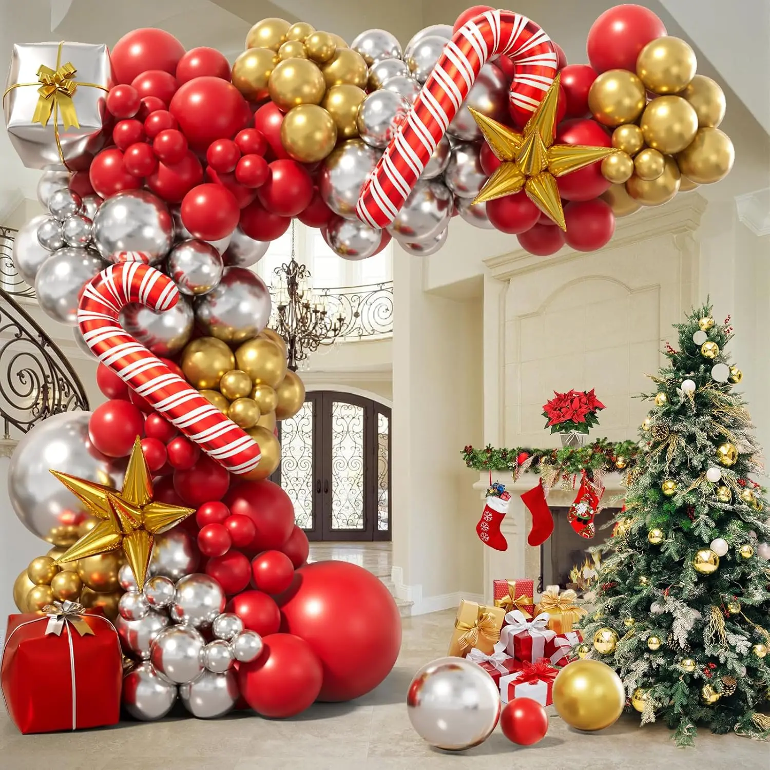 Christmas Balloon Garland Arch Kit with Xmas Silver Balloons Starburst Balloons for New Year Winter Christmas Party Decorations